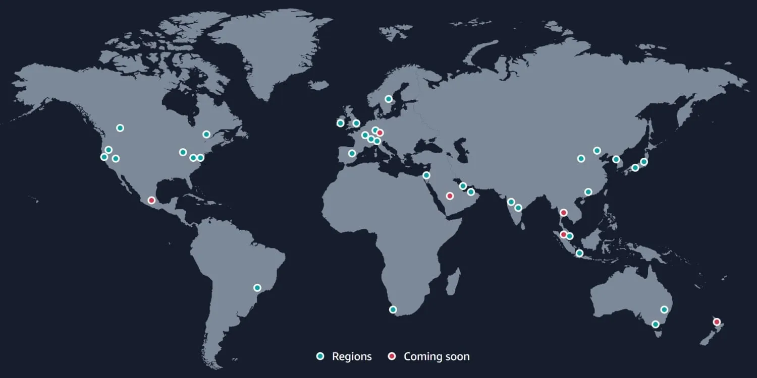 Mapa de Regiones de AWS de Amazon Web Services a partir de 2024 y Próximamente Ubicaciones en el Mundo