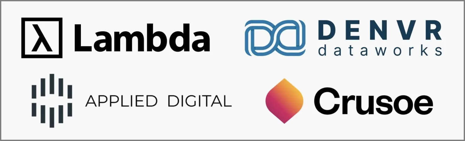 Competidores GPU como Servicio GPUaaS Lambda Labs Denvr Dataworks Applied Digital Crusoe Logo Board
