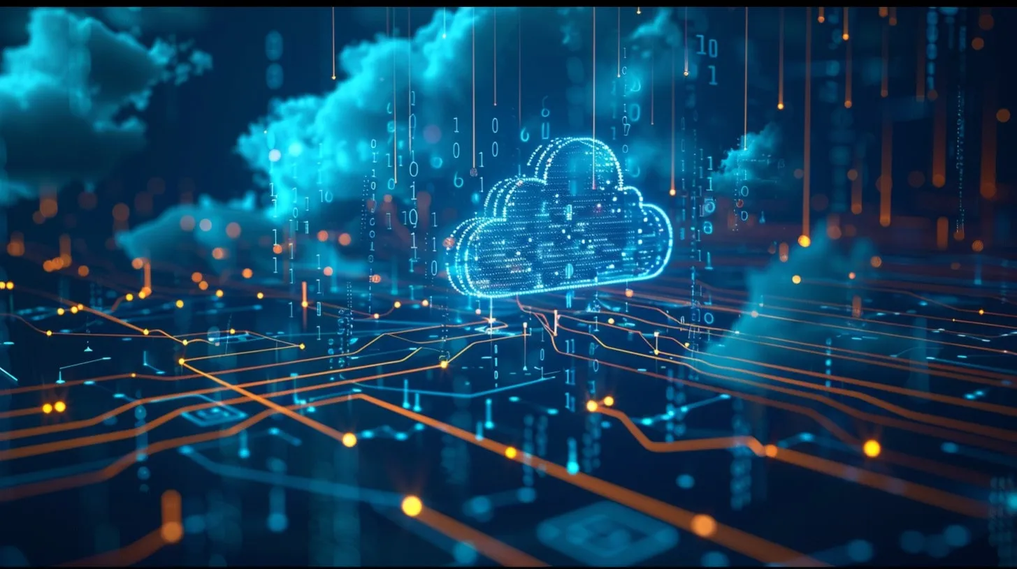 La infraestructura de la nube flota sobre la placa de circuito con luces azules brillantes Código binario que significa transmisión de información