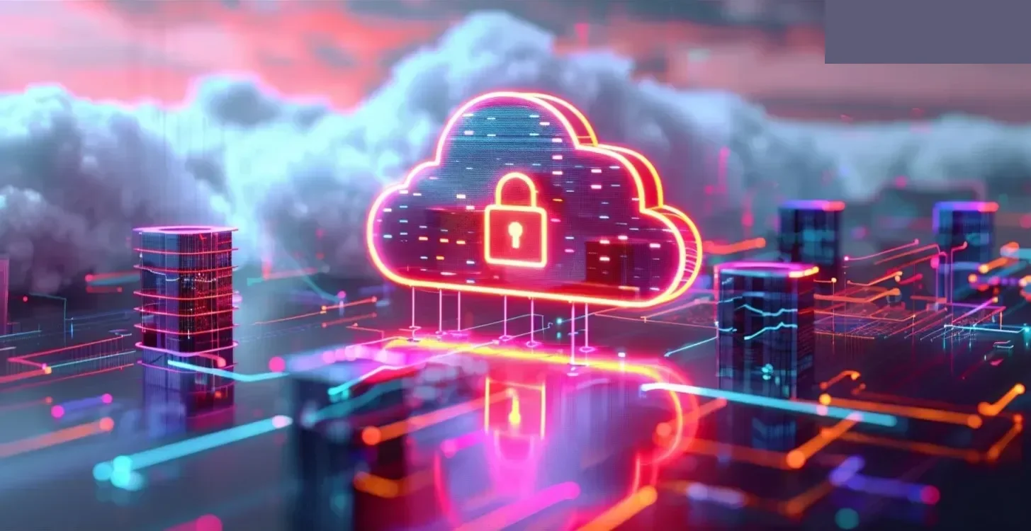 Símbolo futurista de multinube con candado flotando sobre cibernético que representa seguridad