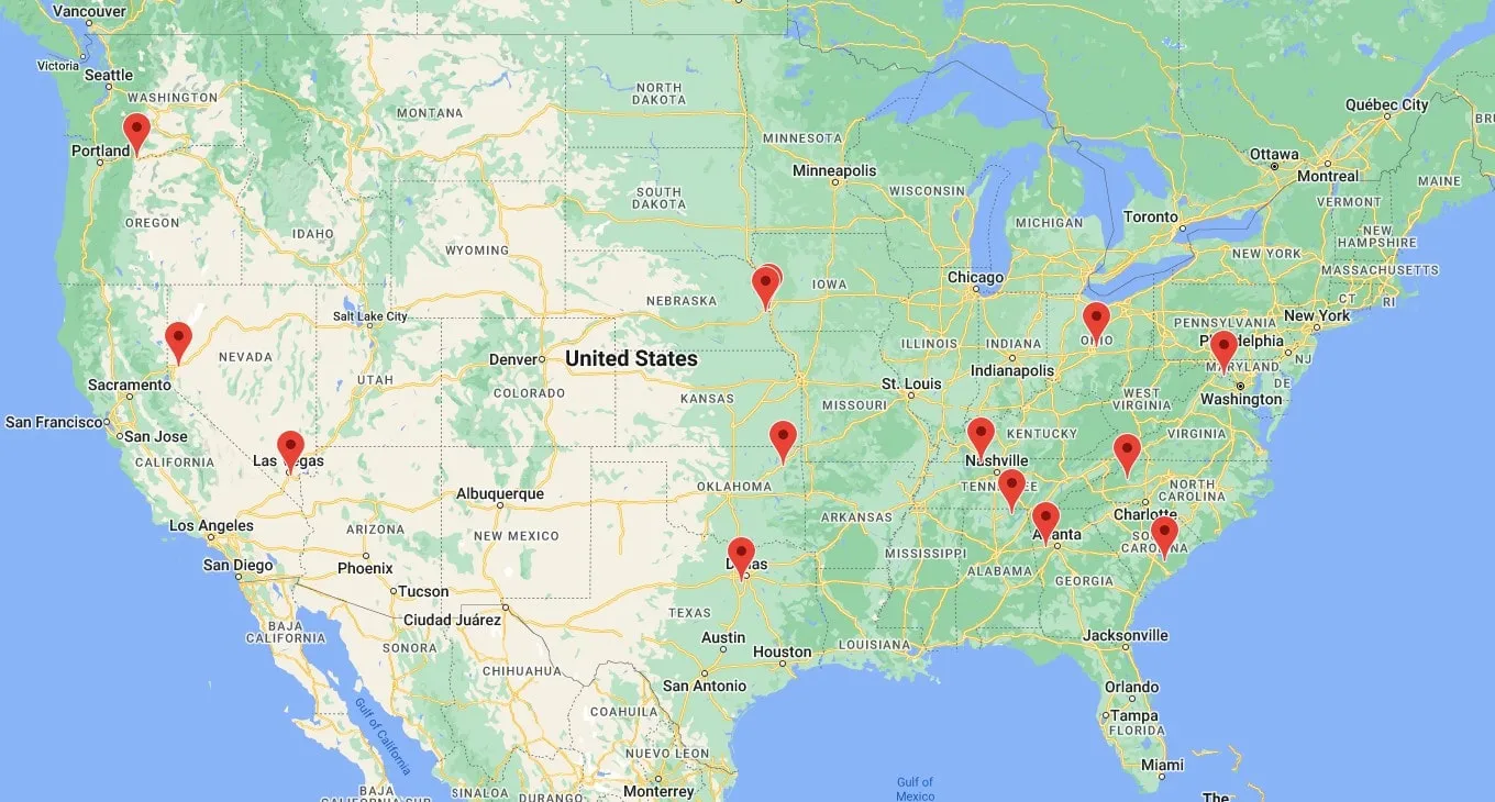 Mapa de ubicaciones de centros de datos de Google Estados Unidos