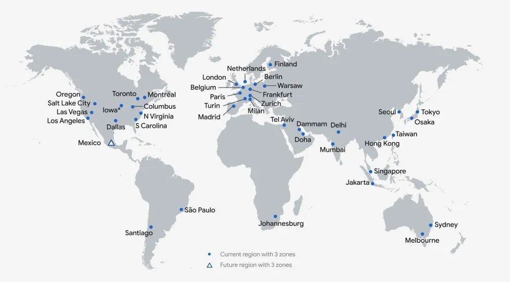 Map of Google Cloud Platform GCP Regions and Availability Zones Locations as of 2024