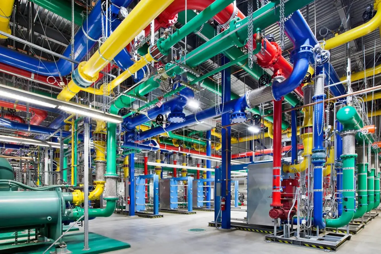 Las tuberías del centro de datos de Google Dalles Oregon suministran agua fría para refrigeración y regresan caliente para intercambio