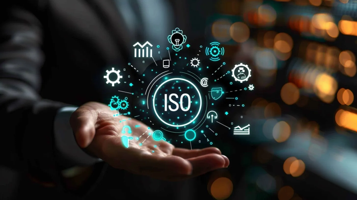 Principales estándares de cumplimiento del centro de datos mostrados por pantalla holográfica con ISO y muchos símbolos