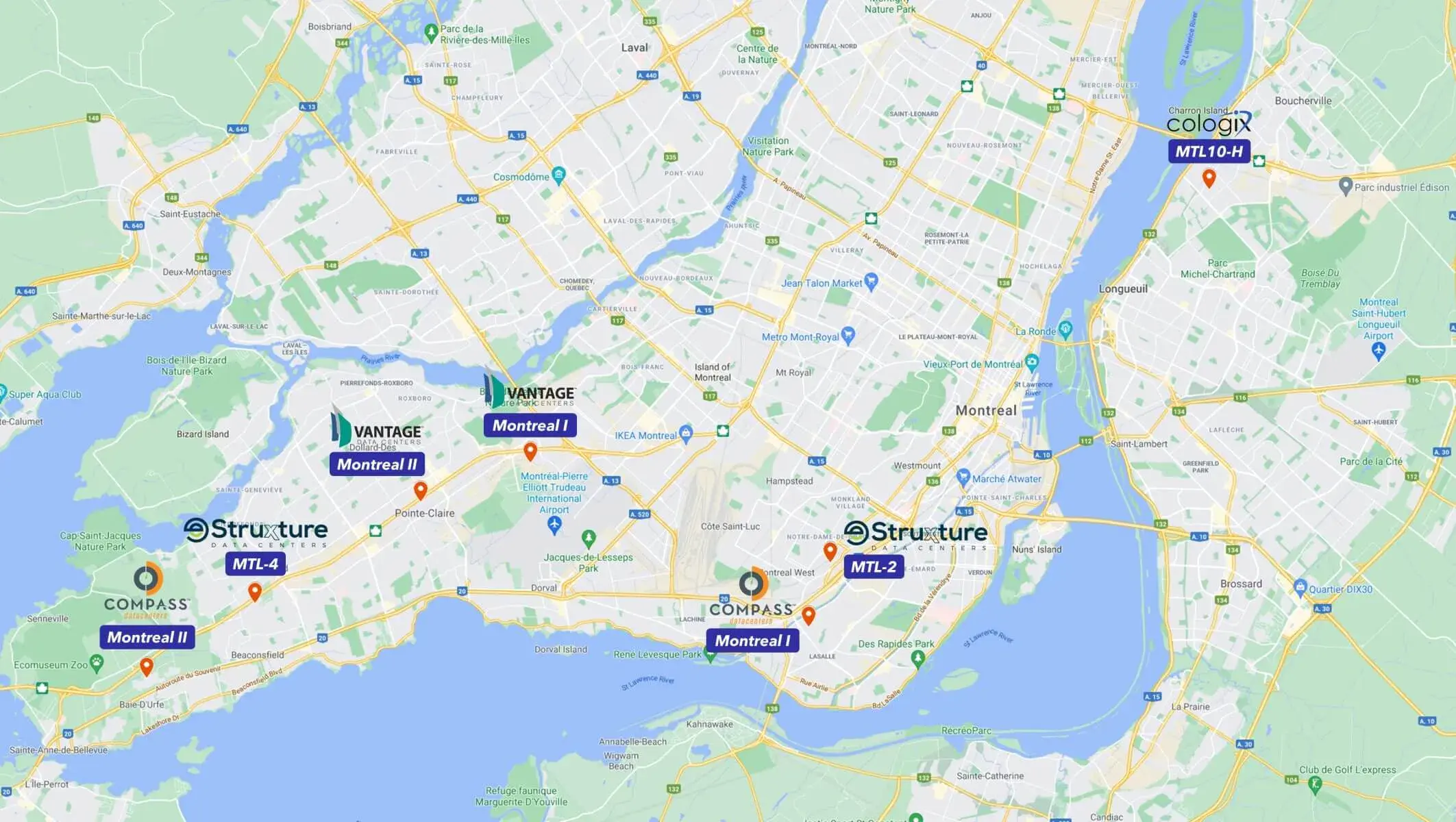 Mapa de centros de datos de hiperescala de Montreal