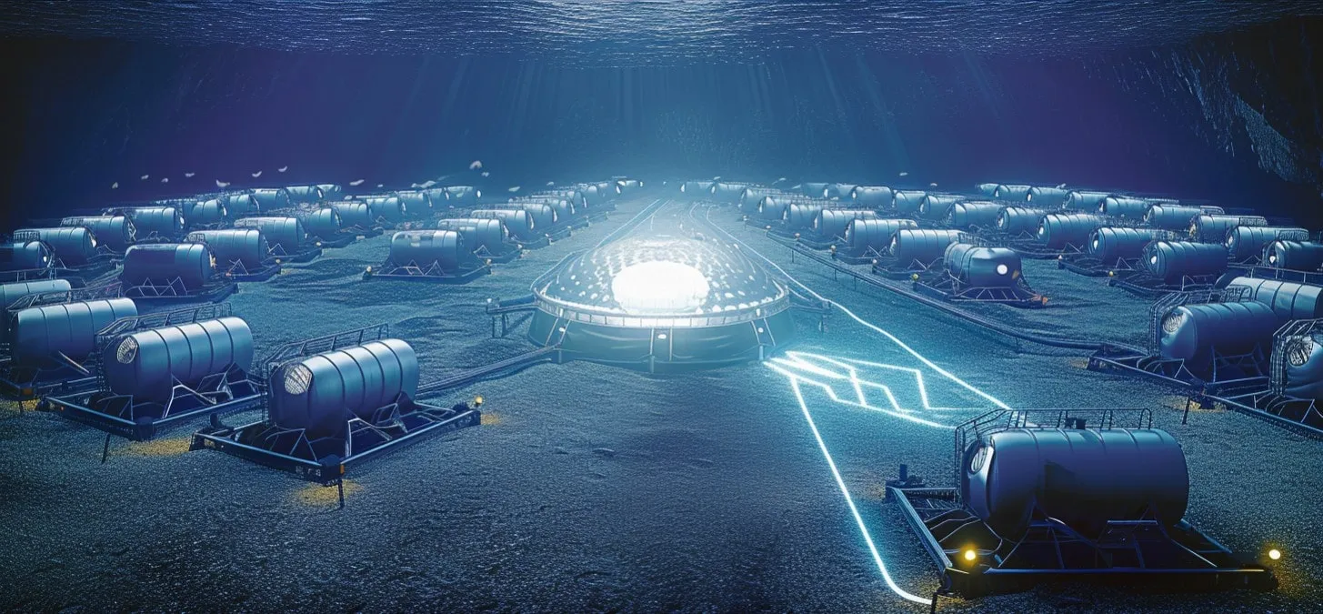 Instalación de Computación Oceánica en el Fondo Marino son Tanques Cilíndricos con Cables y Luces