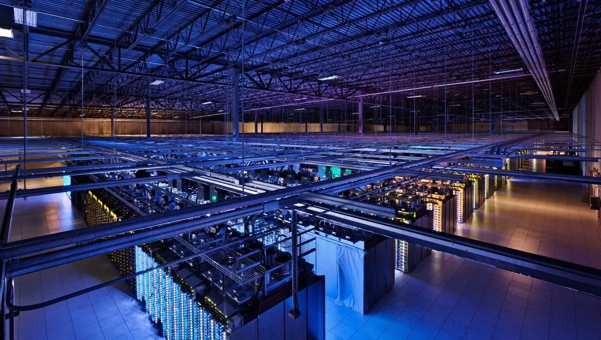 Overhead View Networked Server Racks Array in Rows