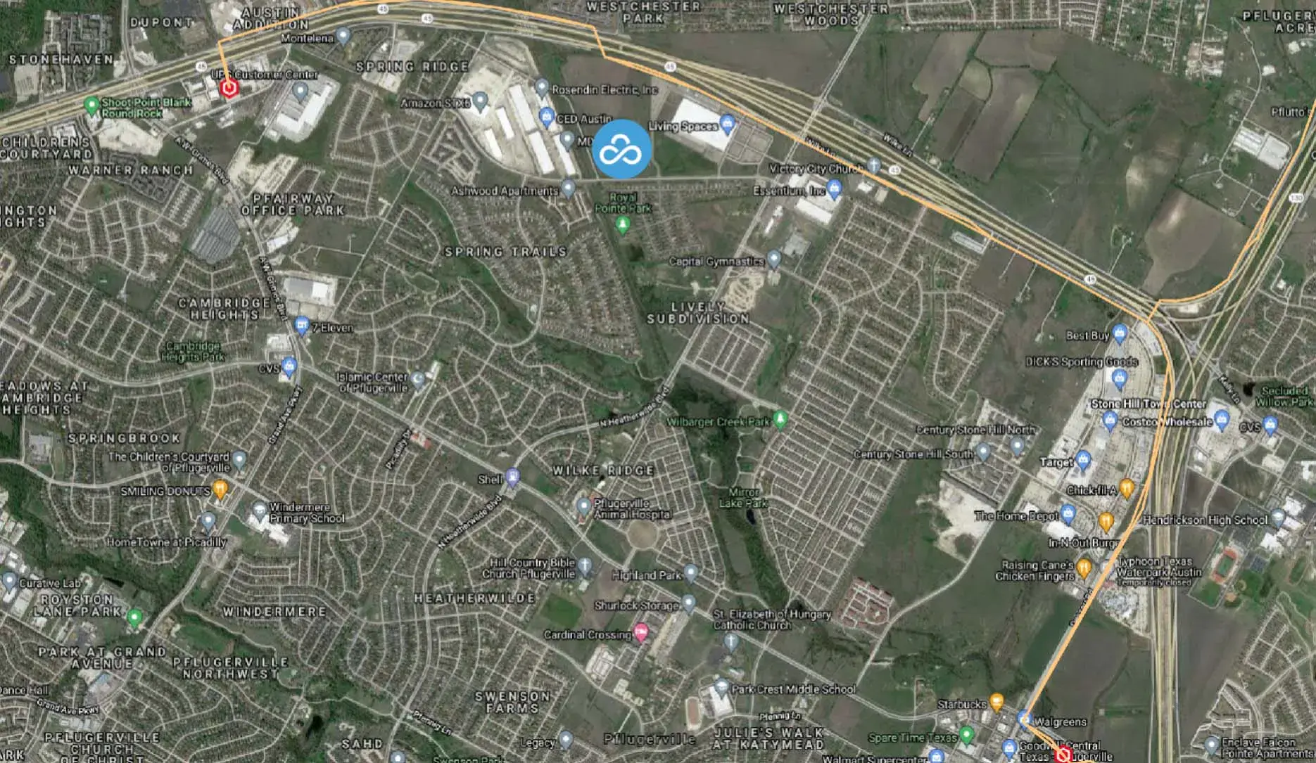 Mapa de ubicación del campus del centro de datos de Skybox Datacenters Austin