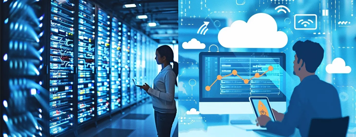 Escenas Contrastantes Representan el Monitoreo del Centro de Datos y la Infraestructura de Computación Colo Híbrida