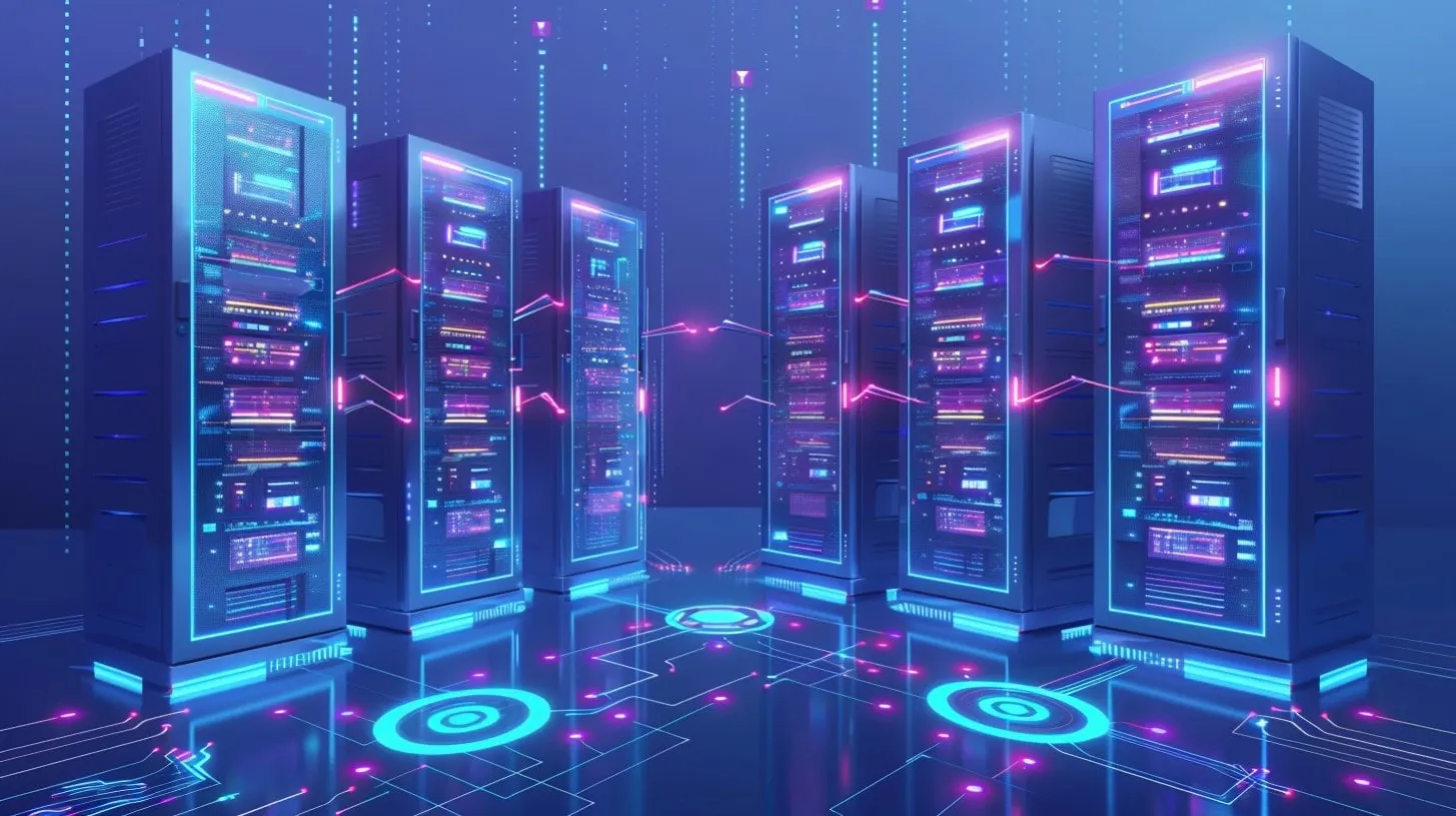 Centro de datos virtual VDC con servidores parados bajo un resplandor de luces de neón sobre un piso digital cibernético