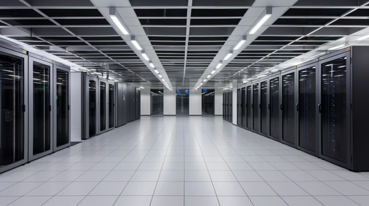 Espacio en blanco en un centro de datos con racks de servidores e iluminación brillante