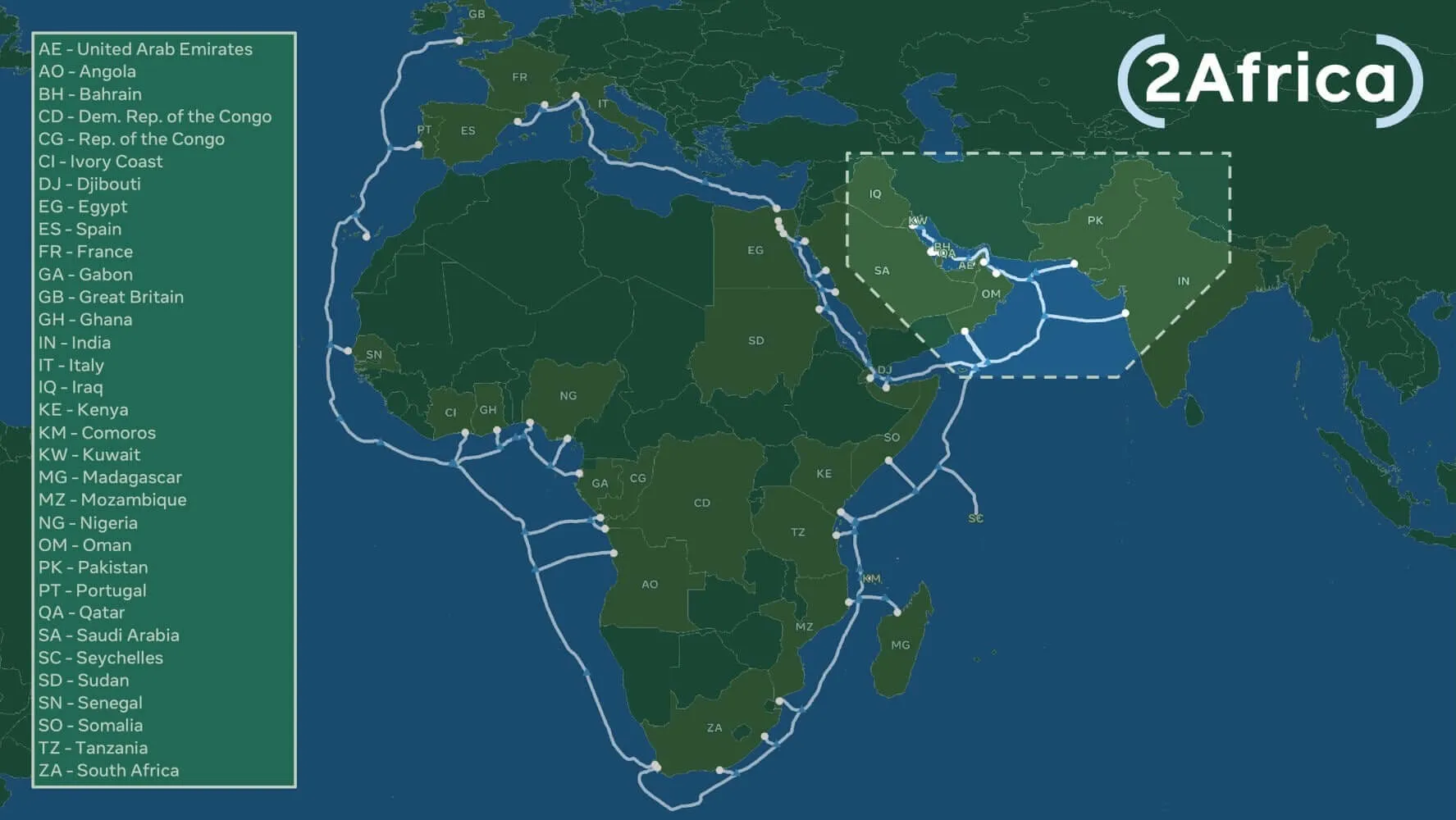 2Mapa de ruta y puntos de aterrizaje de 2Africa PEARLS