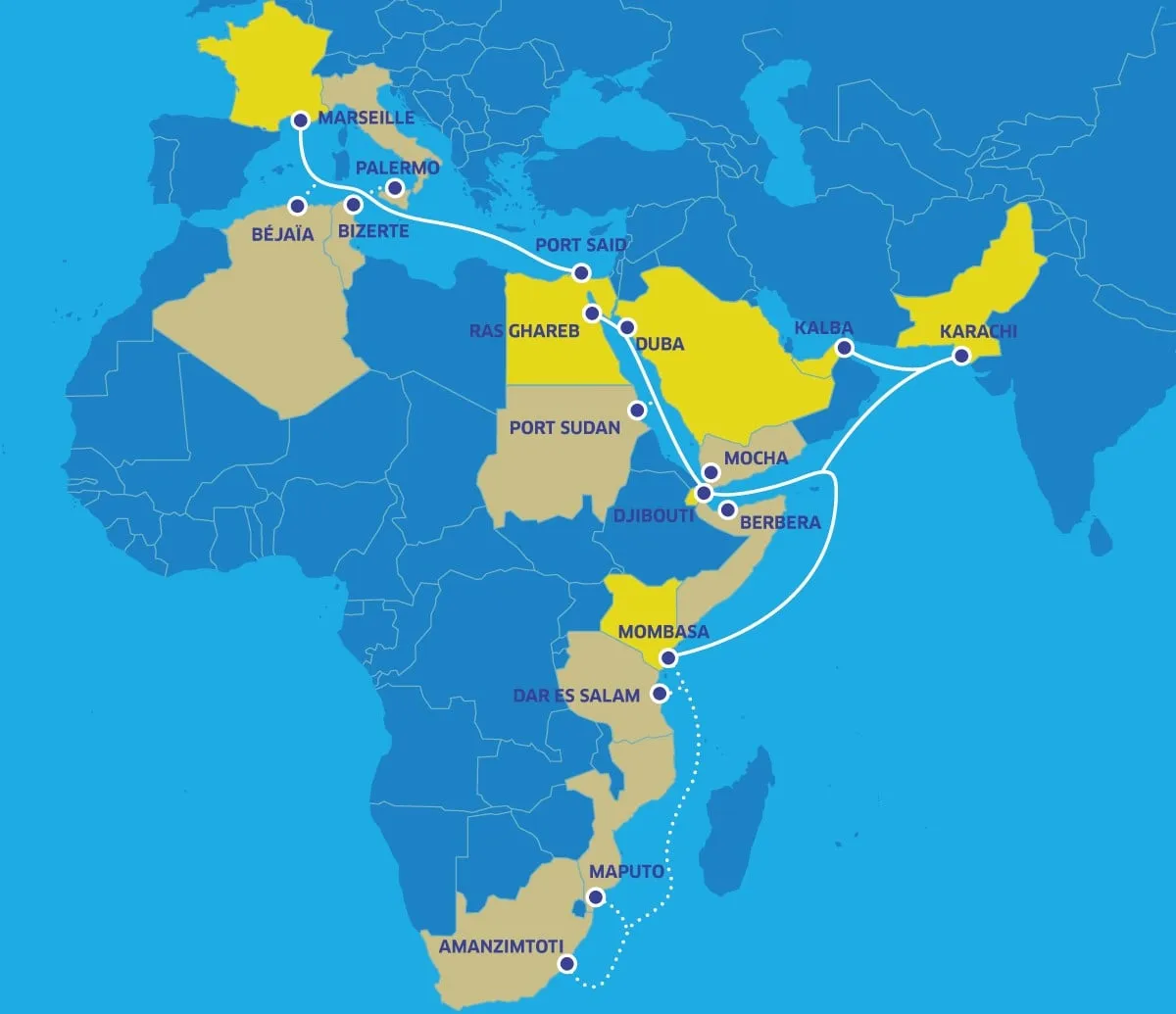 Mapa del sistema de cable submarino África-1