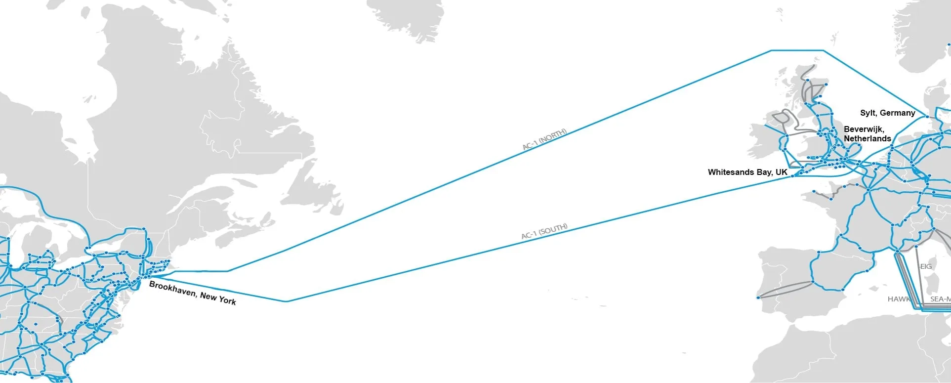 Mapa del sistema de cable submarino Atlantic Crossing-1 AC-1 etiquetado