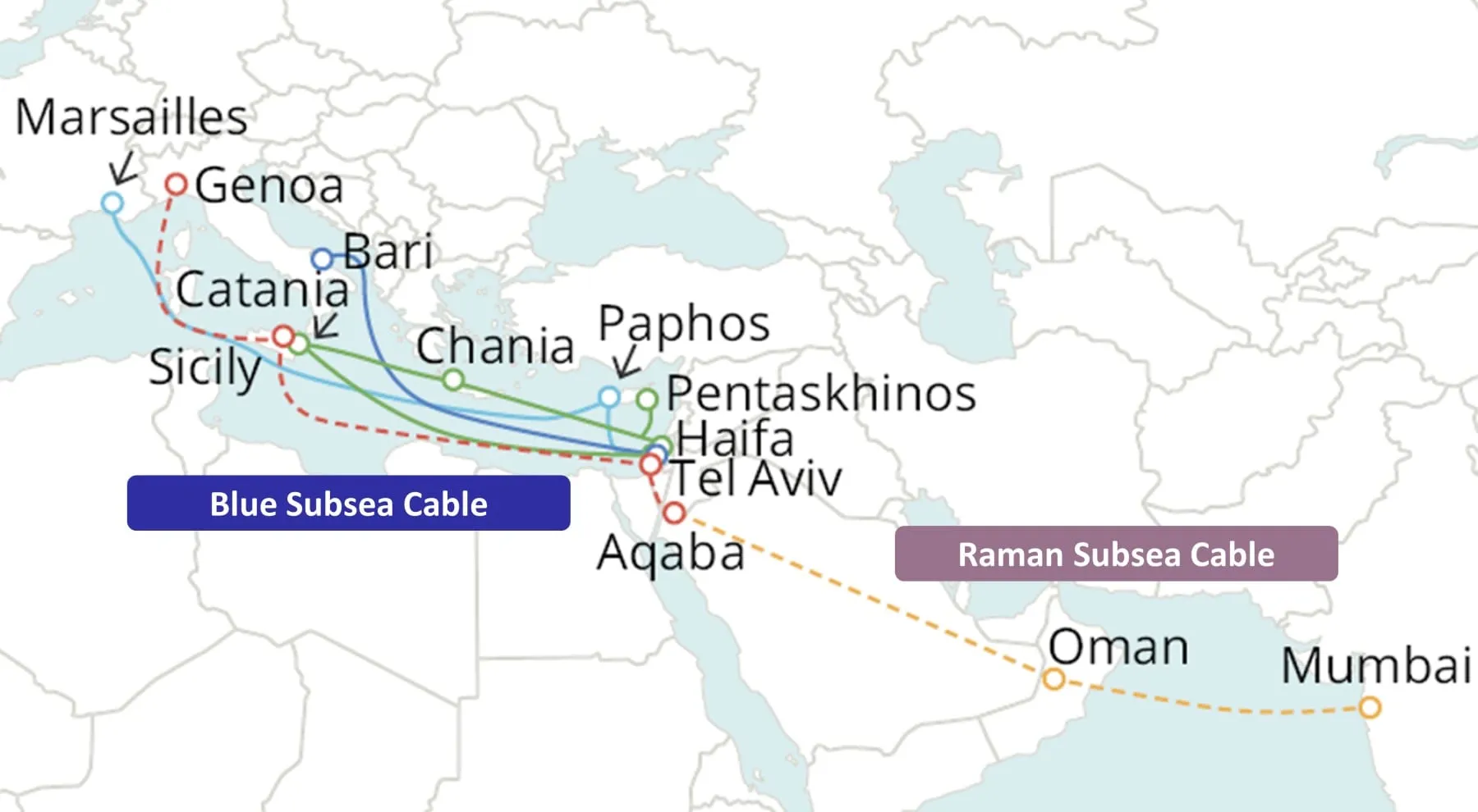 Mapa del sistema de cable submarino azul y Raman
