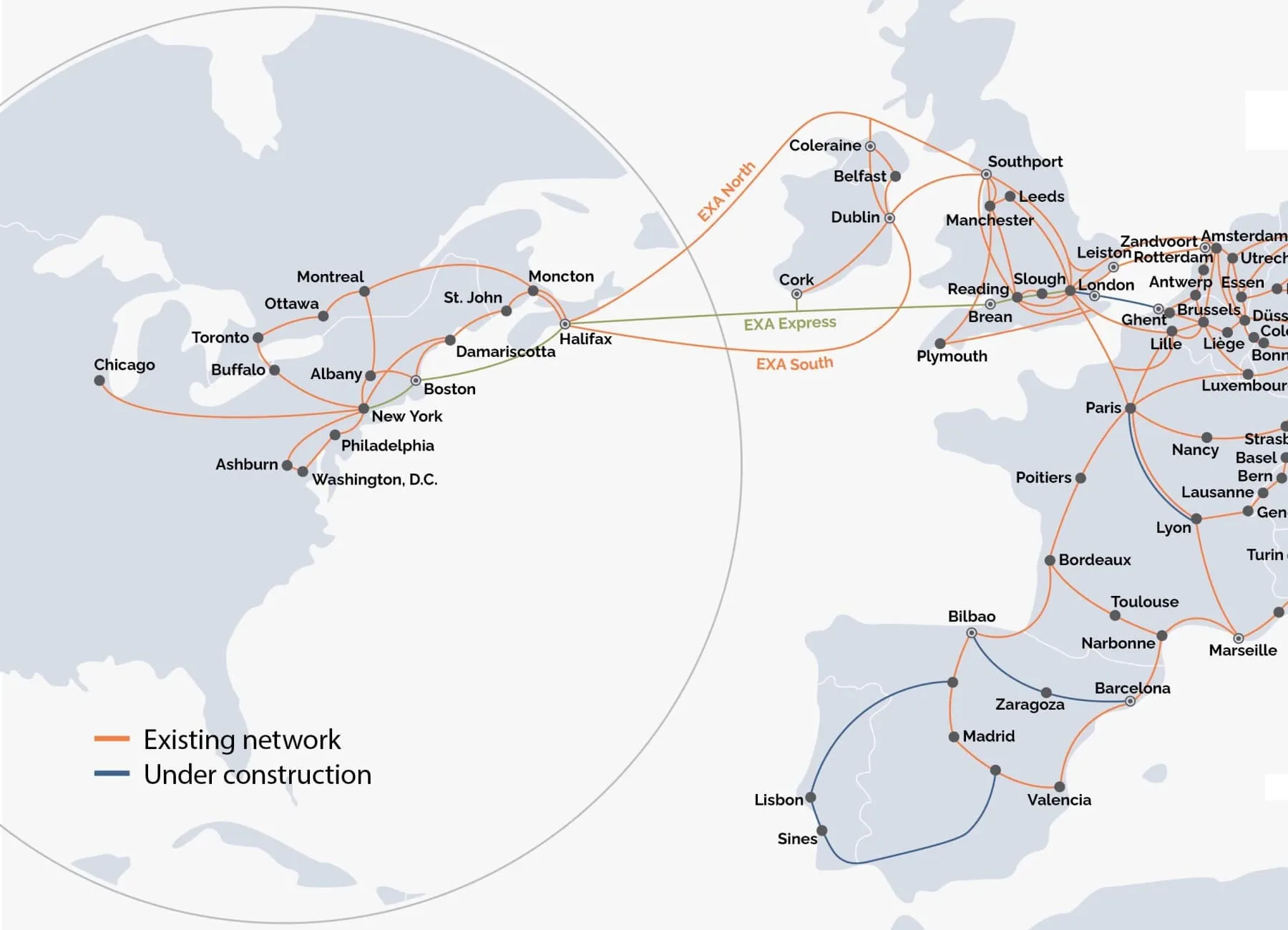 Mapa del sistema de cable submarino EXA Express Norte y Sur
