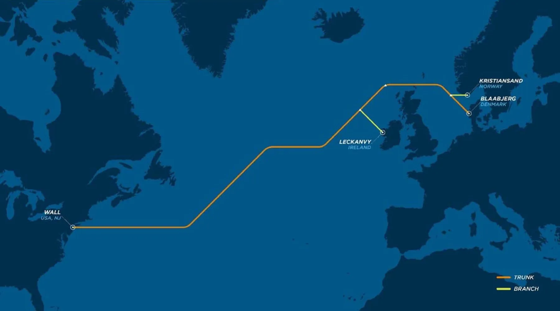 Mapa del sistema de cable submarino HAVFRUE-AEC-2