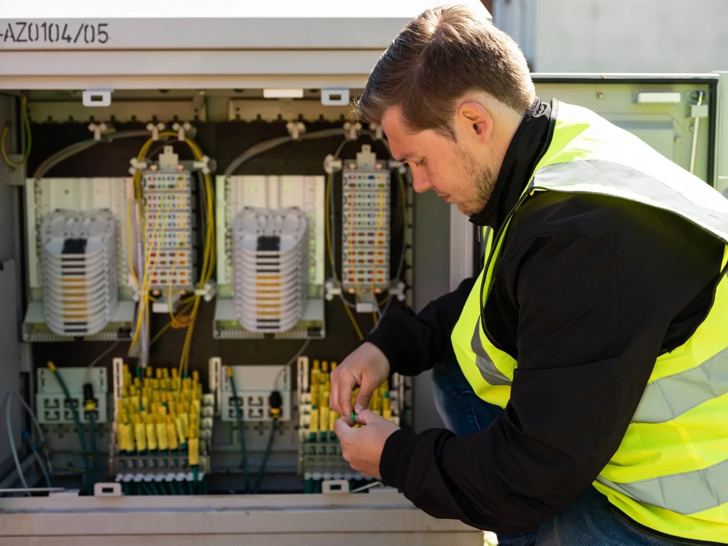 Técnico trabajando en panel de fibra óptica para el despliegue de XGS-PON