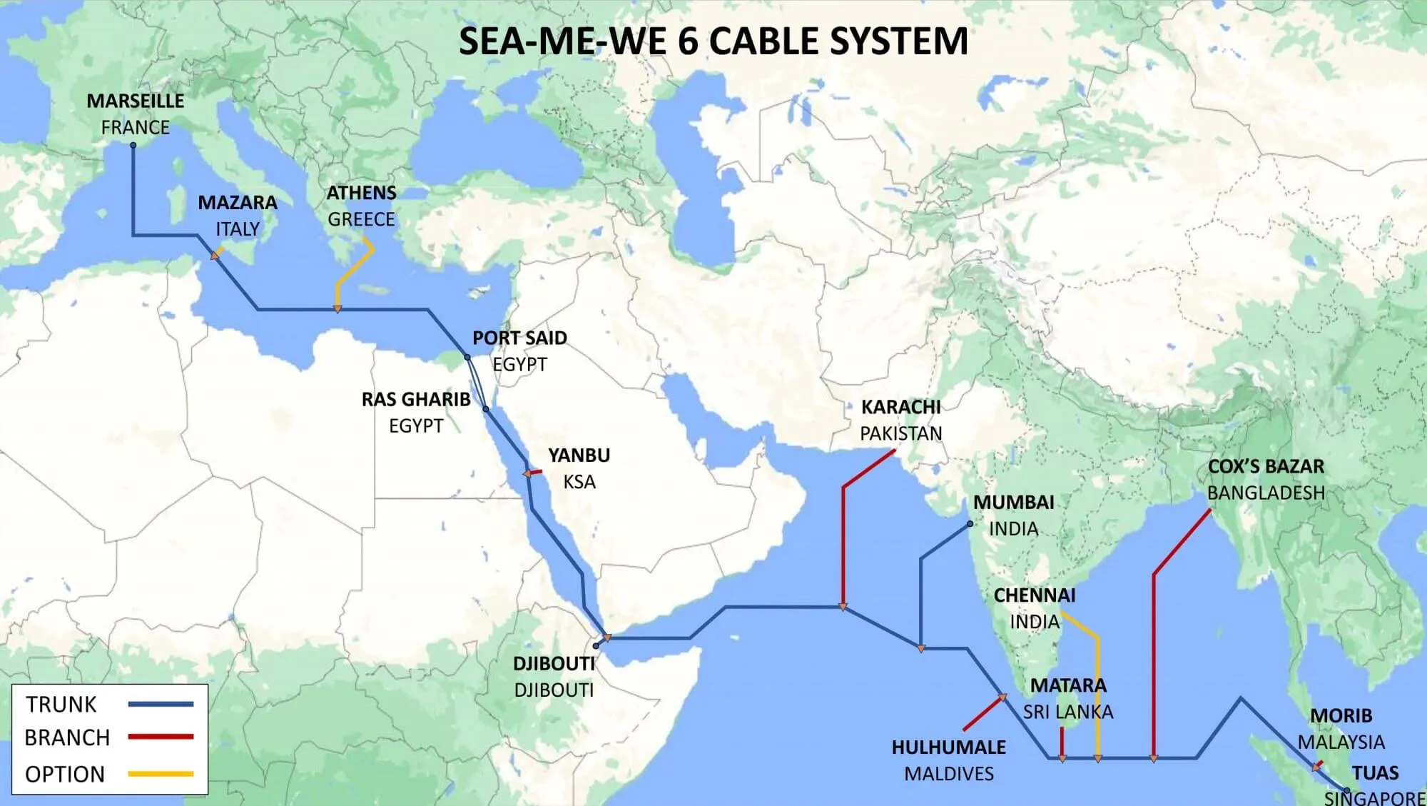 SEA-ME-WE 6 Sudeste Asiático-Medio Oriente-Europa Occidental 6 Mapa