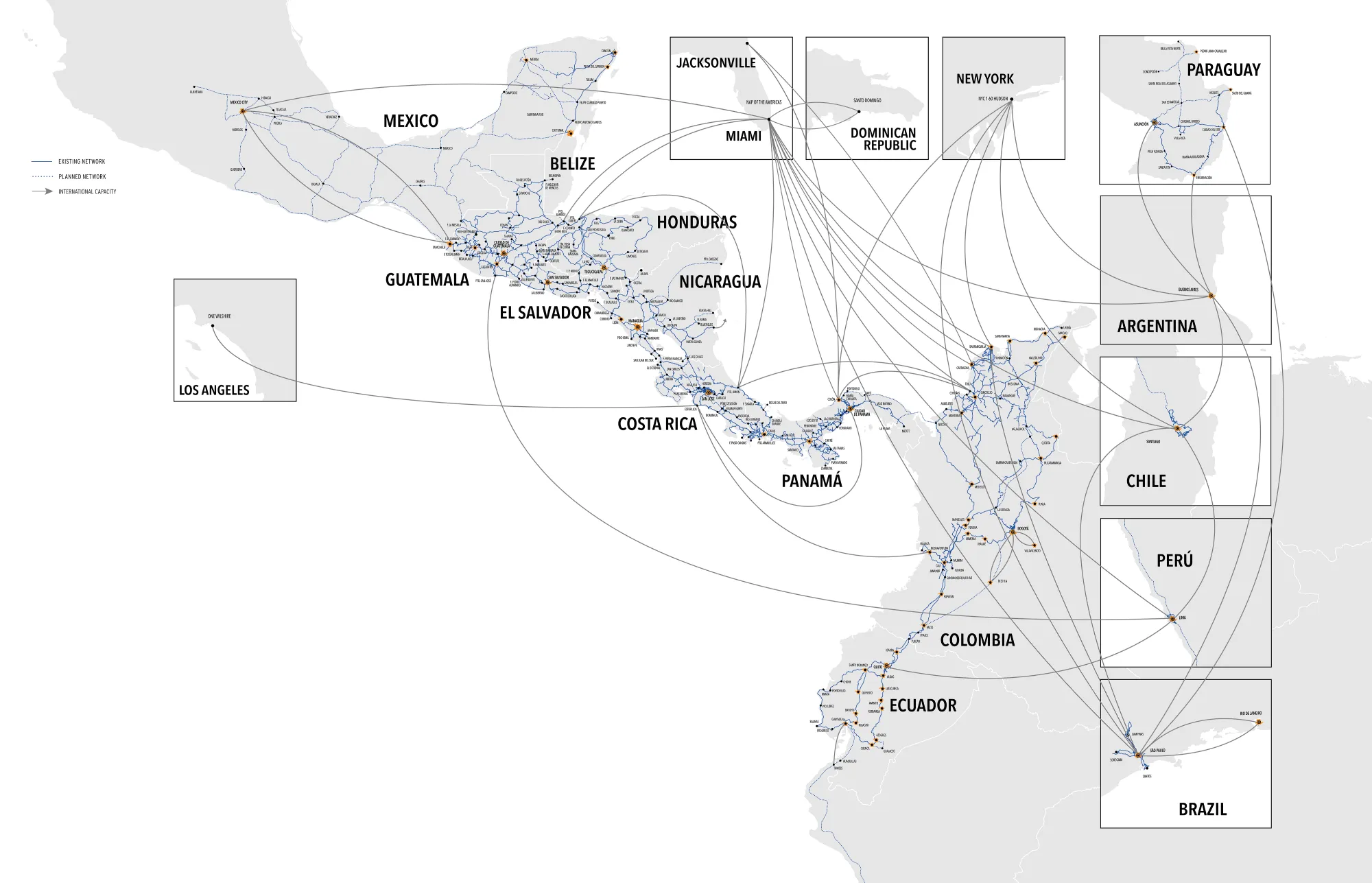 Mapa de la red internacional de fibra de Ufinet