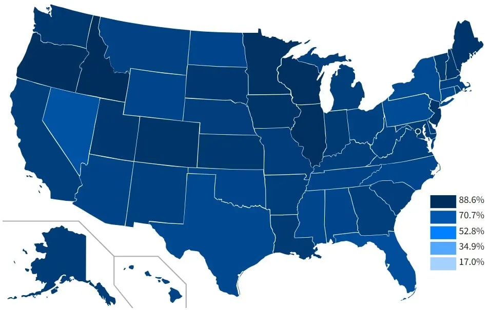 Mapa de Estados Unidos de la Encuesta de Uso de Internet de la NTIA de la Administración Nacional de Telecomunicaciones e Información