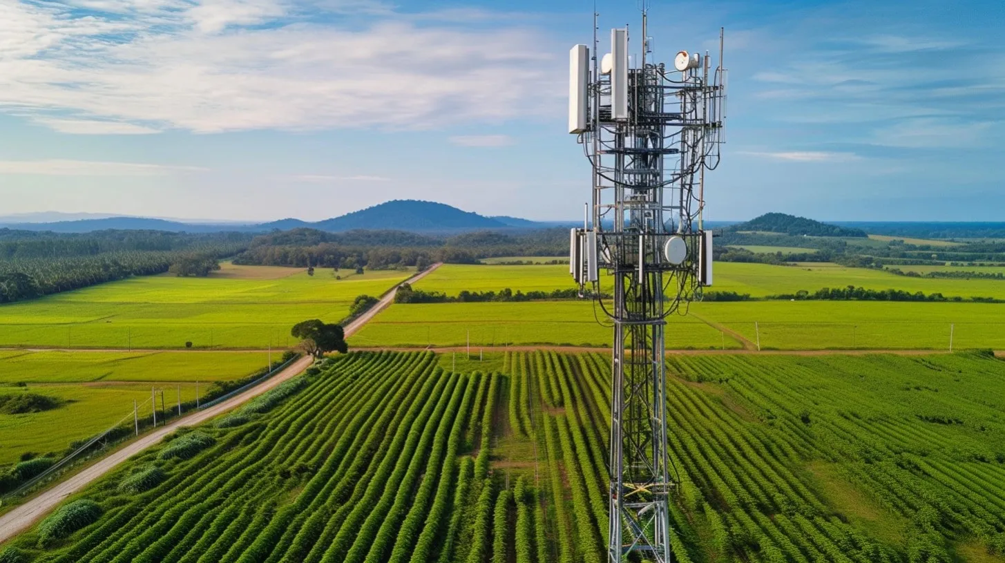 Torres de telefonía celular cerca de mí con antenas de estaciones base locales y un campo al fondo