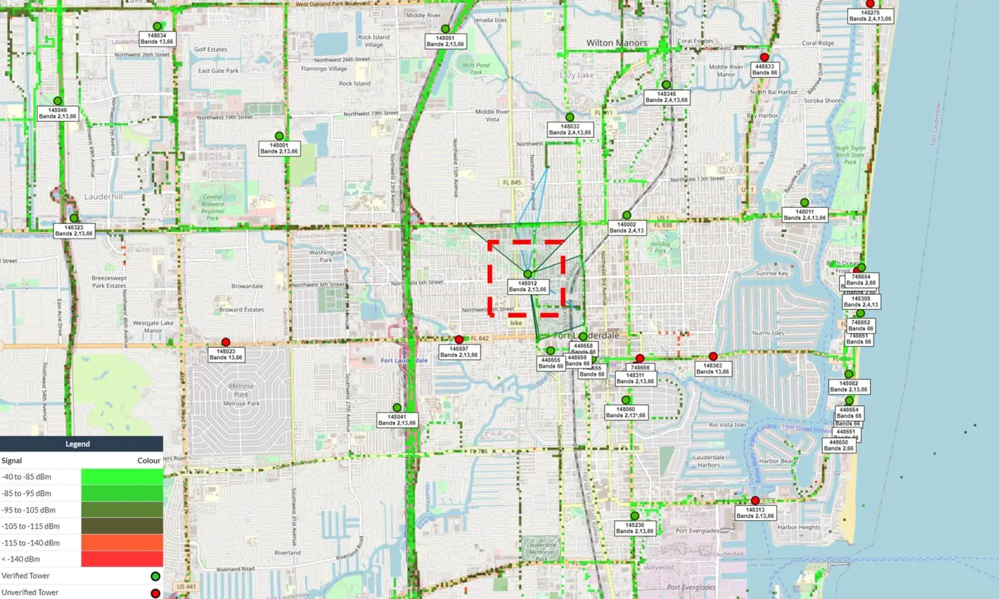 Mapa de torres celulares de CellMapper Fort Lauderdale Florida