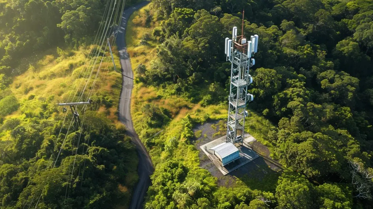 Arrendamiento de sitio celular ubicado en un bosque verde con vista desde el nivel aéreo