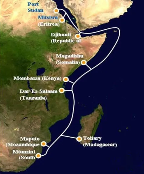 Mapa del sistema de cable submarino EASSy del sistema submarino de África Oriental